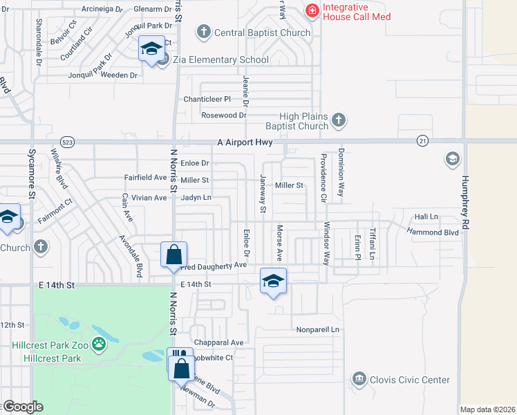 map of restaurants, bars, coffee shops, grocery stores, and more near 1909 Janeway Street in Clovis