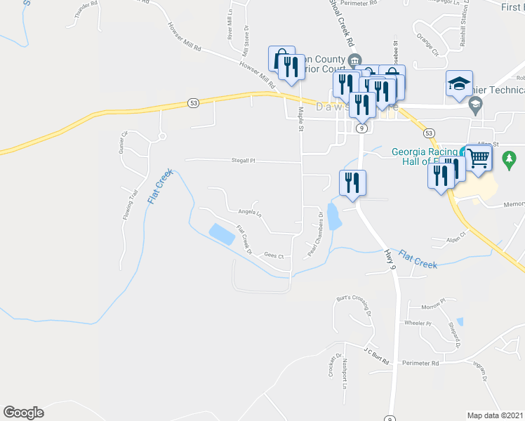 map of restaurants, bars, coffee shops, grocery stores, and more near 184 Angela Lane in Dawsonville