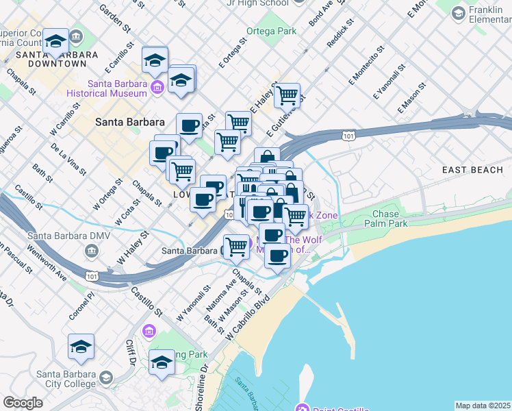 map of restaurants, bars, coffee shops, grocery stores, and more near 227 Gray Avenue in Santa Barbara