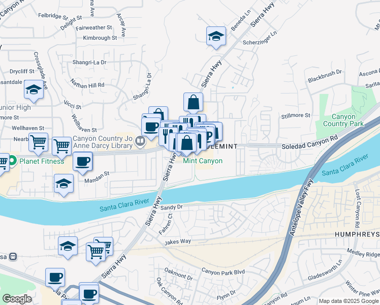 map of restaurants, bars, coffee shops, grocery stores, and more near 27578 Sierra Highway in Santa Clarita