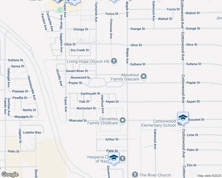 map of restaurants, bars, coffee shops, grocery stores, and more near 14397 Birchwood Drive in Hesperia