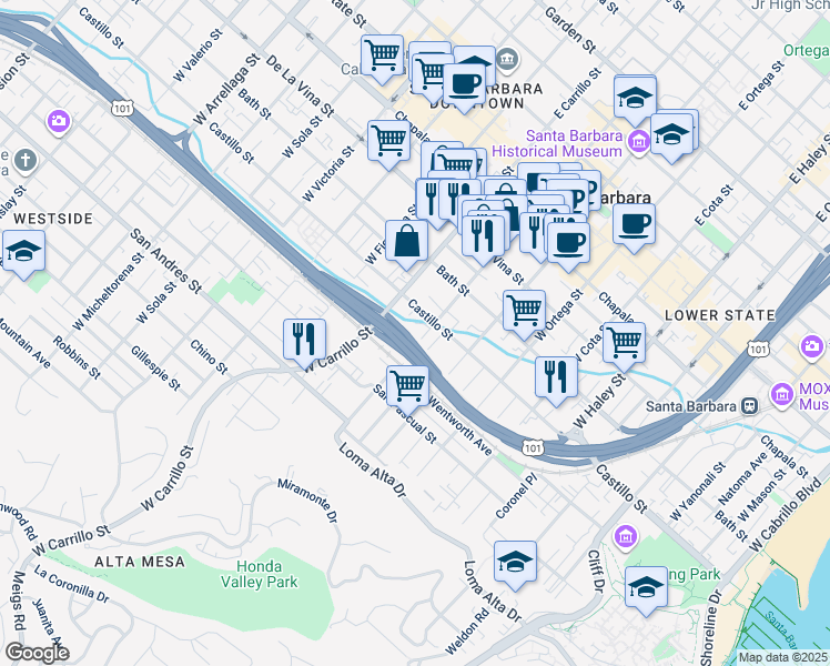 map of restaurants, bars, coffee shops, grocery stores, and more near 416 W Canon Perdido St in Santa Barbara