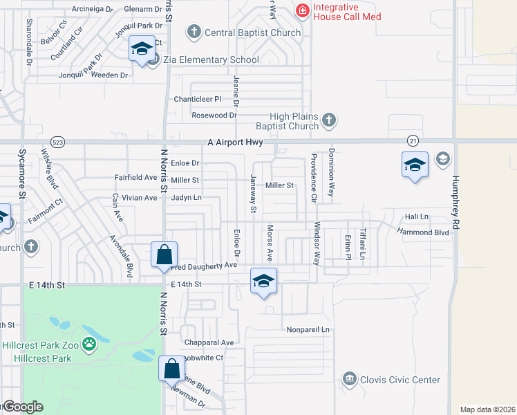 map of restaurants, bars, coffee shops, grocery stores, and more near 1909 Janeway Street in Clovis