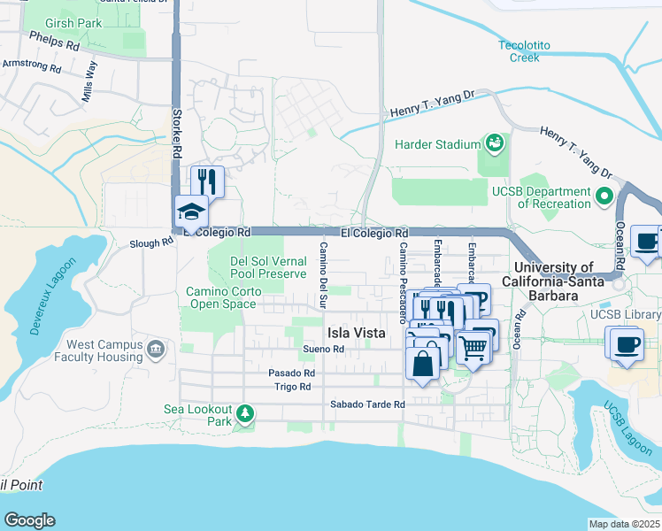 map of restaurants, bars, coffee shops, grocery stores, and more near 776 Camino Del Sur in Goleta