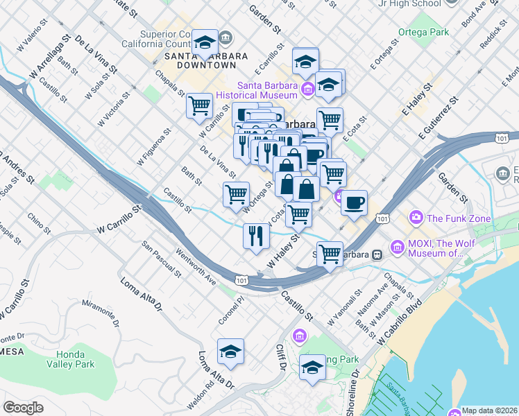 map of restaurants, bars, coffee shops, grocery stores, and more near 623 De La Vina Street in Santa Barbara