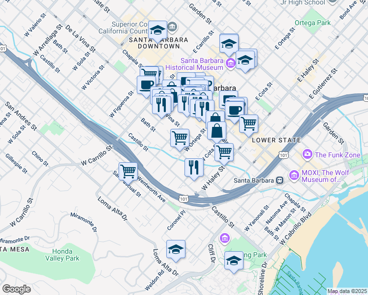 map of restaurants, bars, coffee shops, grocery stores, and more near 228 West Ortega Street in Santa Barbara
