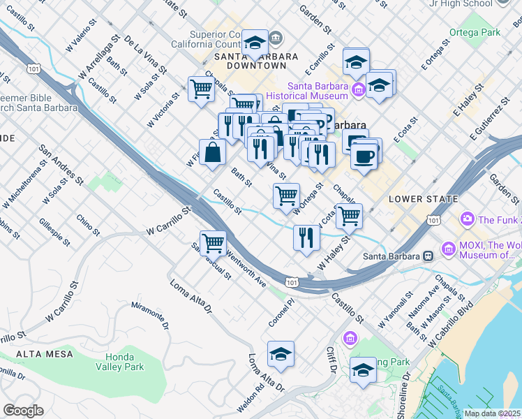 map of restaurants, bars, coffee shops, grocery stores, and more near 311 West De La Guerra Street in Santa Barbara