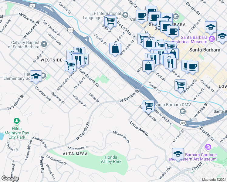 map of restaurants, bars, coffee shops, grocery stores, and more near 1105 San Pascual Street in Santa Barbara