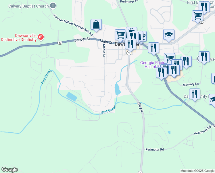 map of restaurants, bars, coffee shops, grocery stores, and more near 30 Pearl Chambers Drive in Dawsonville