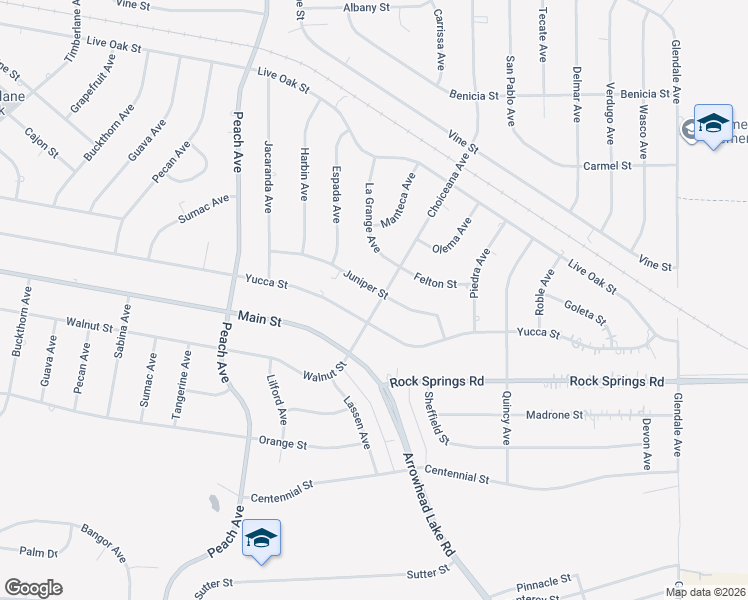 map of restaurants, bars, coffee shops, grocery stores, and more near 18703 Juniper Street in Hesperia