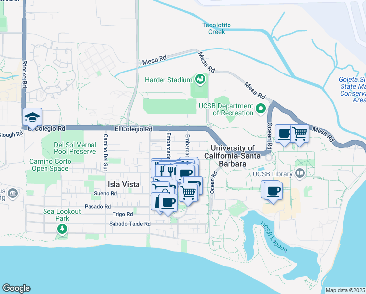 map of restaurants, bars, coffee shops, grocery stores, and more near 765 Embarcadero del Norte in Goleta