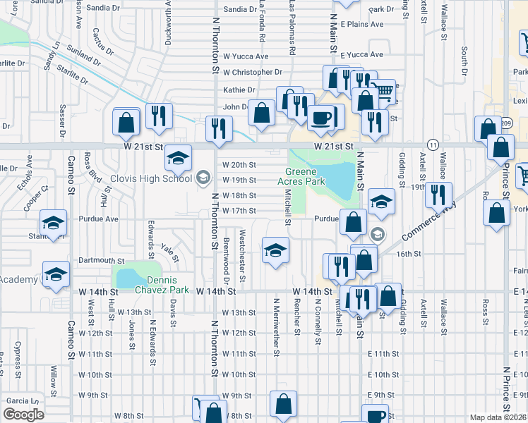 map of restaurants, bars, coffee shops, grocery stores, and more near 601a West 17th Street in Clovis