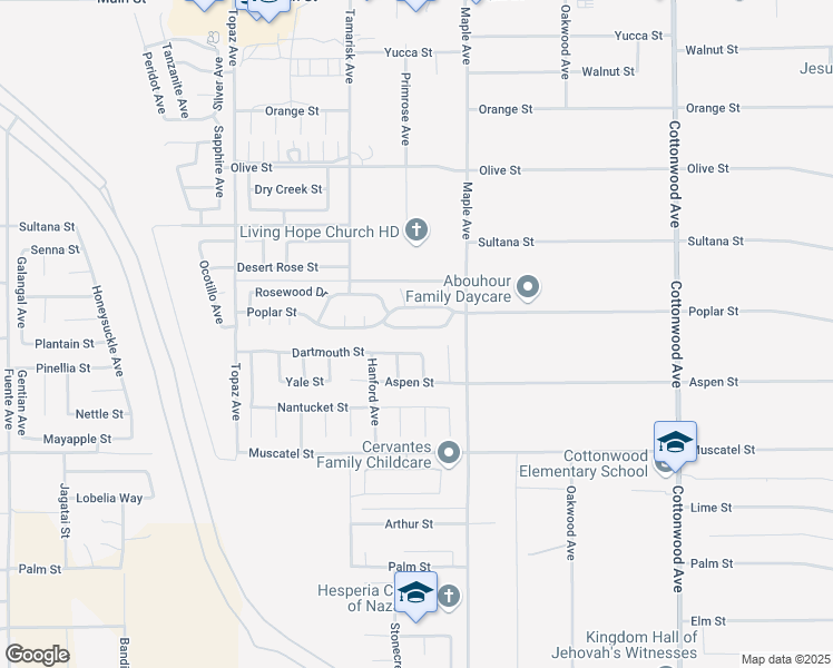 map of restaurants, bars, coffee shops, grocery stores, and more near 14411 Birchwood Drive in Hesperia