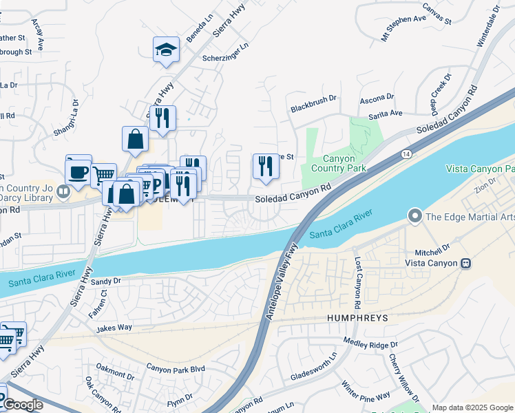 map of restaurants, bars, coffee shops, grocery stores, and more near 27663 Nugget Drive in Santa Clarita