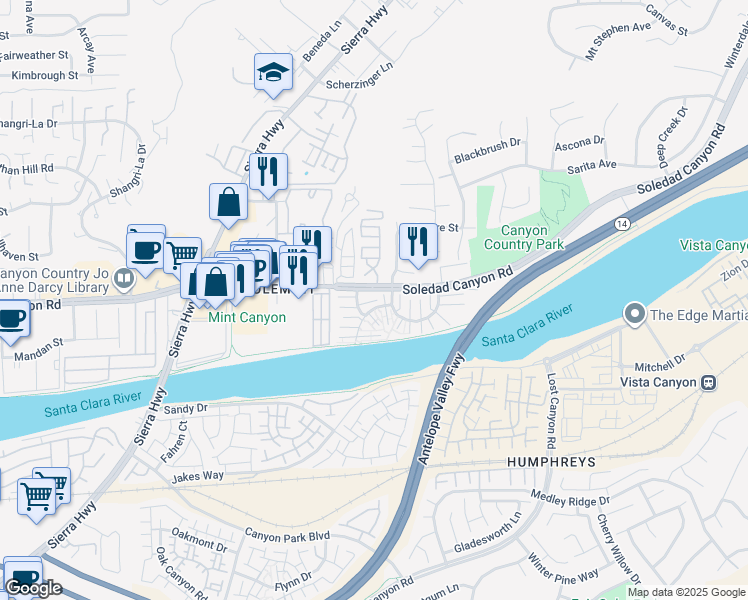 map of restaurants, bars, coffee shops, grocery stores, and more near 27652 Ironstone Drive in Santa Clarita