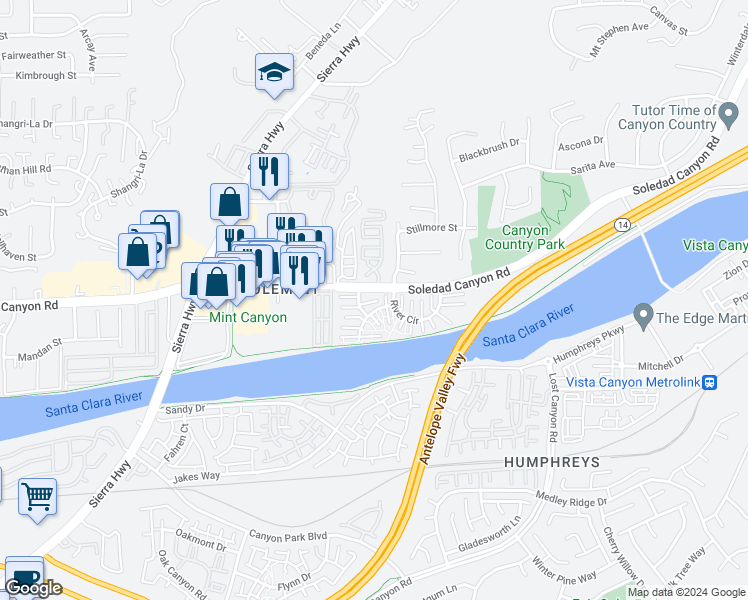 map of restaurants, bars, coffee shops, grocery stores, and more near 27656 Ironstone Drive in Santa Clarita