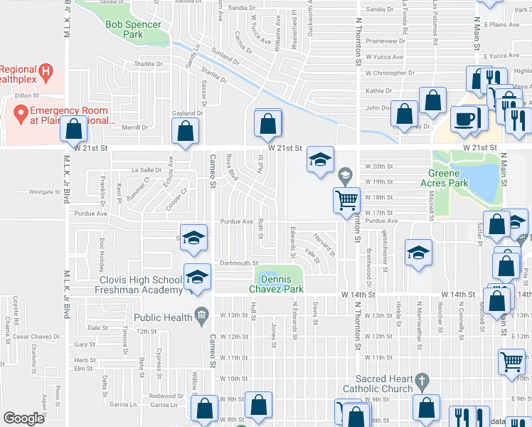 map of restaurants, bars, coffee shops, grocery stores, and more near 113 Ruth Street in Clovis