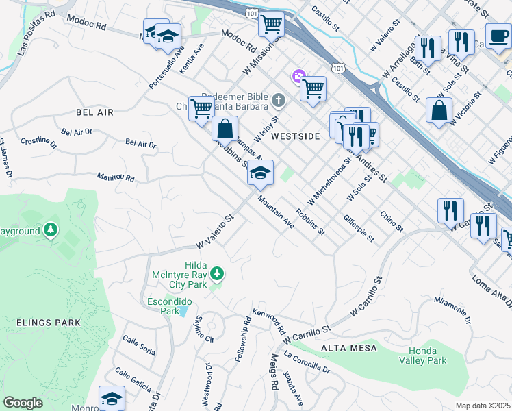 map of restaurants, bars, coffee shops, grocery stores, and more near 1624 Clearview Road in Santa Barbara