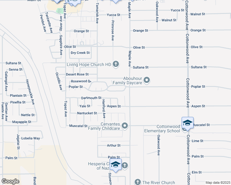 map of restaurants, bars, coffee shops, grocery stores, and more near 14411 Birchwood Drive in Hesperia