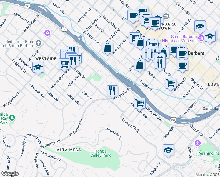 map of restaurants, bars, coffee shops, grocery stores, and more near 1105 San Pascual Street in Santa Barbara