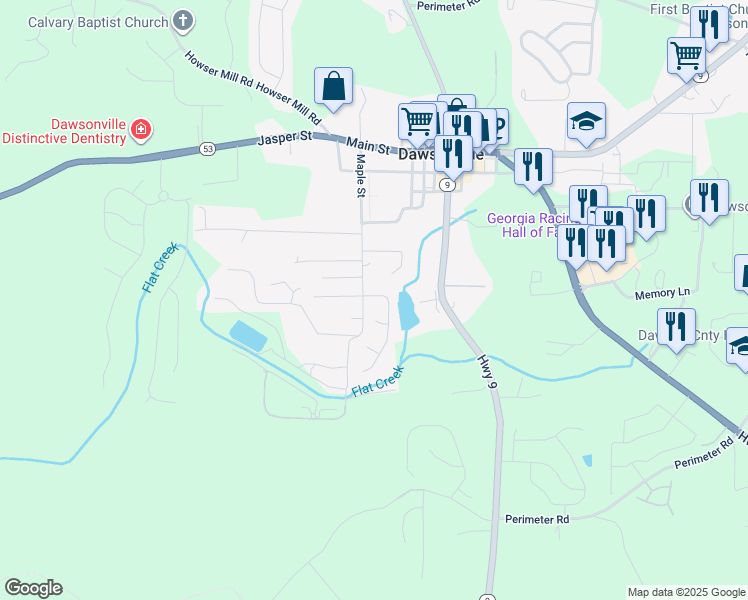 map of restaurants, bars, coffee shops, grocery stores, and more near 30 Pearl Chambers Drive in Dawsonville