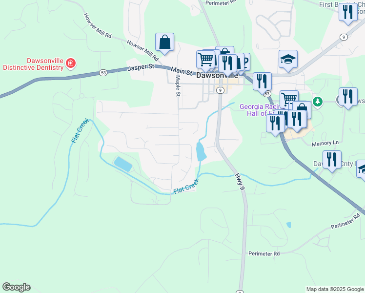 map of restaurants, bars, coffee shops, grocery stores, and more near 18 Pearl Chambers Drive in Dawsonville