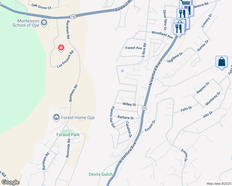 map of restaurants, bars, coffee shops, grocery stores, and more near 11385 Puesta Del Sol in Oak View