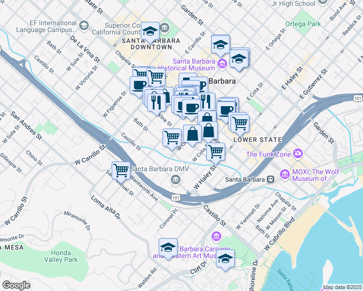 map of restaurants, bars, coffee shops, grocery stores, and more near 228 West Ortega Street in Santa Barbara