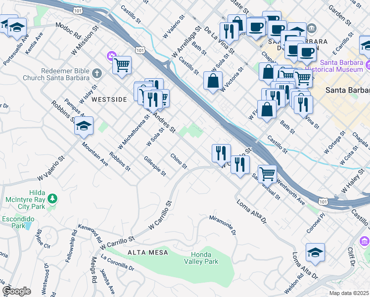 map of restaurants, bars, coffee shops, grocery stores, and more near 1217 San Andres Street in Santa Barbara