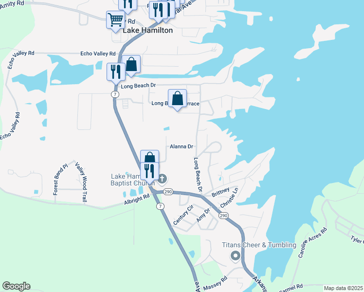 map of restaurants, bars, coffee shops, grocery stores, and more near 150 Alanna Drive in Lake Hamilton