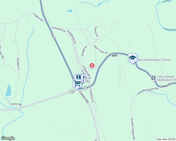 map of restaurants, bars, coffee shops, grocery stores, and more near 527 North Railroad Street in Tate