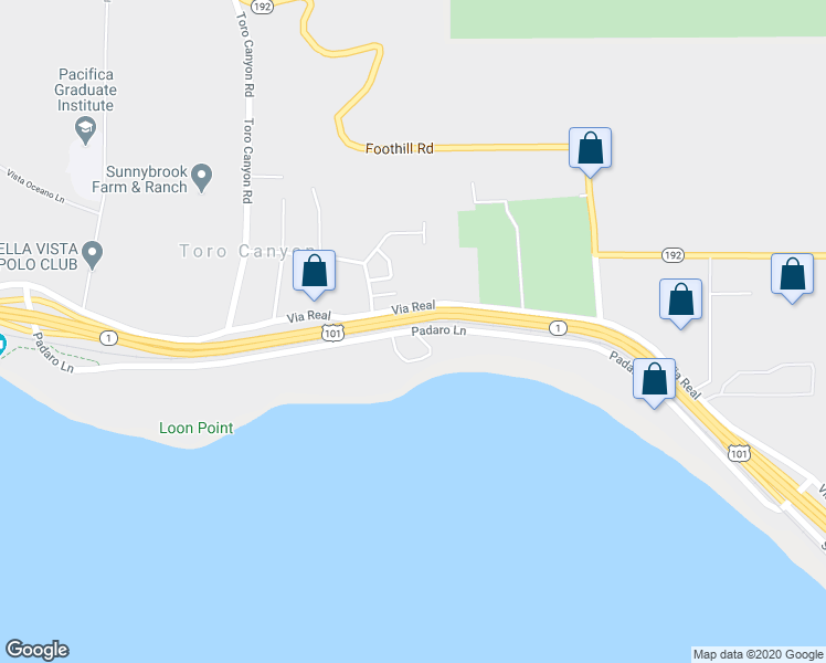 map of restaurants, bars, coffee shops, grocery stores, and more near Padaro Lane in Santa Barbara County