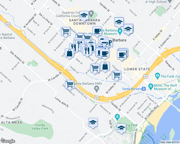 map of restaurants, bars, coffee shops, grocery stores, and more near 733 Bath Street in Santa Barbara
