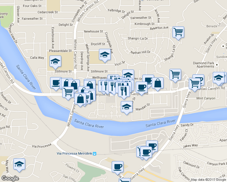 map of restaurants, bars, coffee shops, grocery stores, and more near 18955 Soledad Canyon Road in Santa Clarita