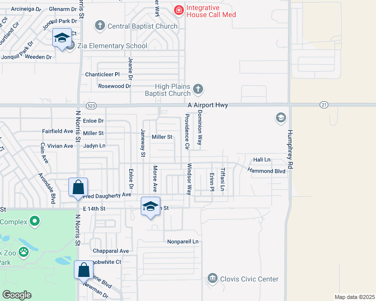 map of restaurants, bars, coffee shops, grocery stores, and more near 205 Nonpareil Lane in Clovis