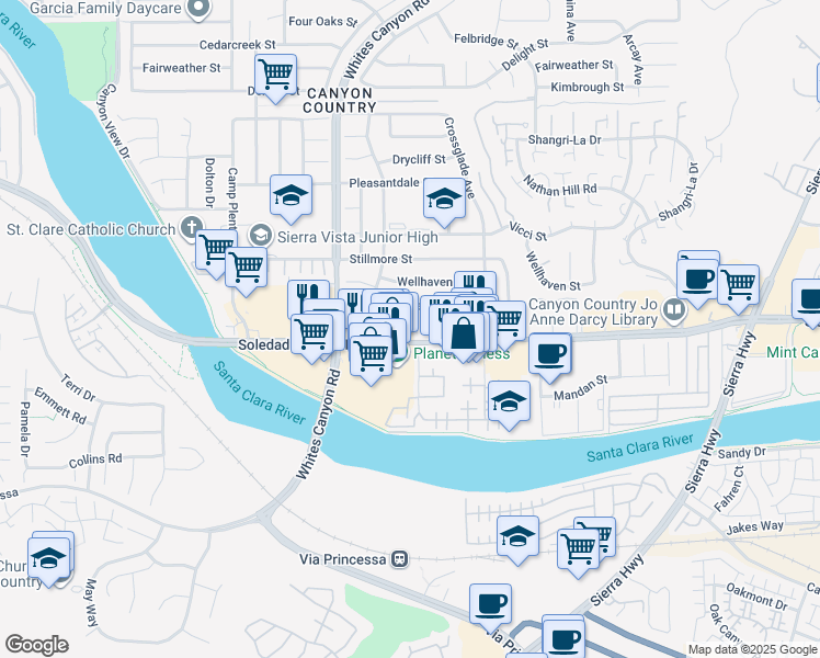 map of restaurants, bars, coffee shops, grocery stores, and more near 27211 Marchland Avenue in Santa Clarita