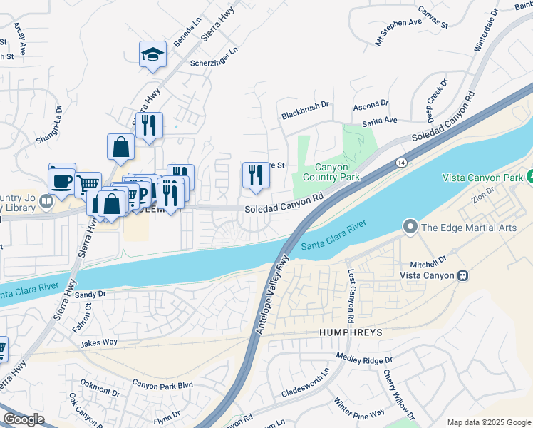 map of restaurants, bars, coffee shops, grocery stores, and more near 17931 River Circle in Santa Clarita