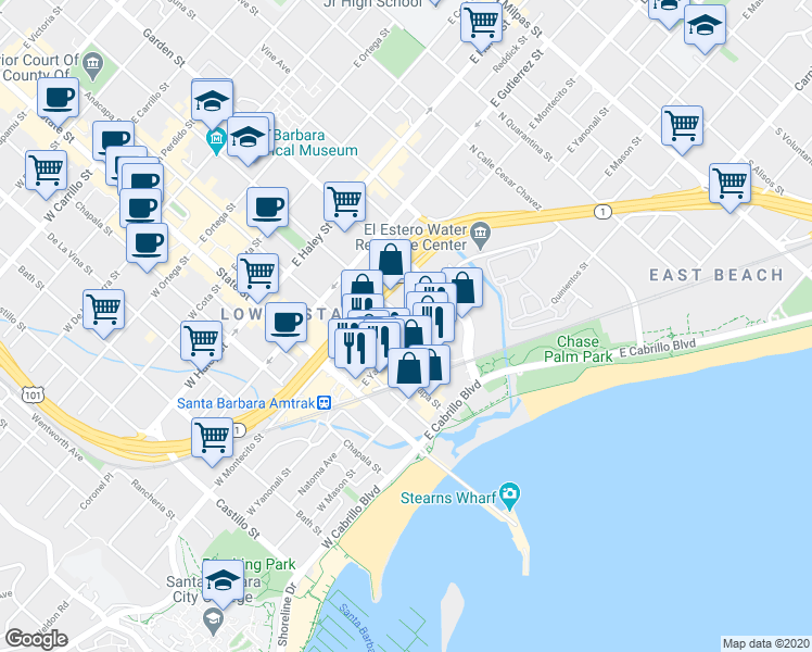 map of restaurants, bars, coffee shops, grocery stores, and more near 205 Santa Barbara Street in Santa Barbara