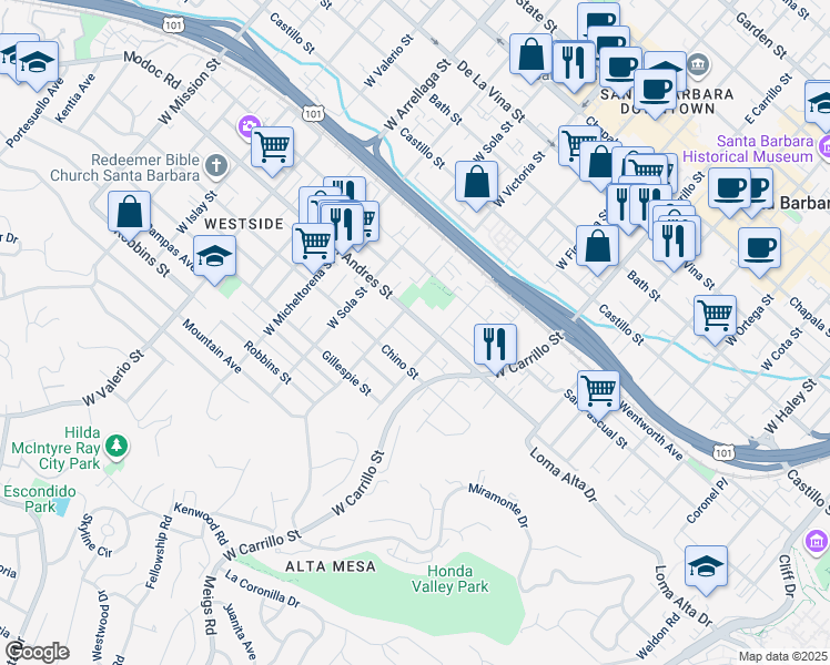 map of restaurants, bars, coffee shops, grocery stores, and more near 1217 San Andres St in Santa Barbara