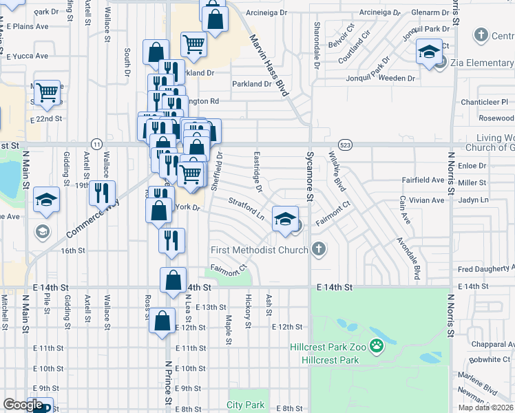 map of restaurants, bars, coffee shops, grocery stores, and more near 1340 Stratford Lane in Clovis