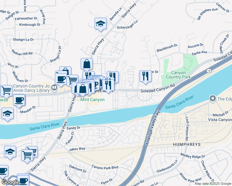 map of restaurants, bars, coffee shops, grocery stores, and more near 18204 Soledad Canyon Road in Santa Clarita