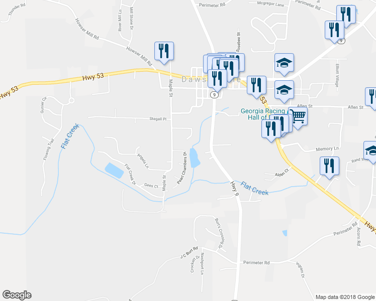 map of restaurants, bars, coffee shops, grocery stores, and more near 65 Pearl Chambers Drive in Dawsonville