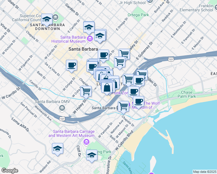 map of restaurants, bars, coffee shops, grocery stores, and more near 410 State Street in Santa Barbara