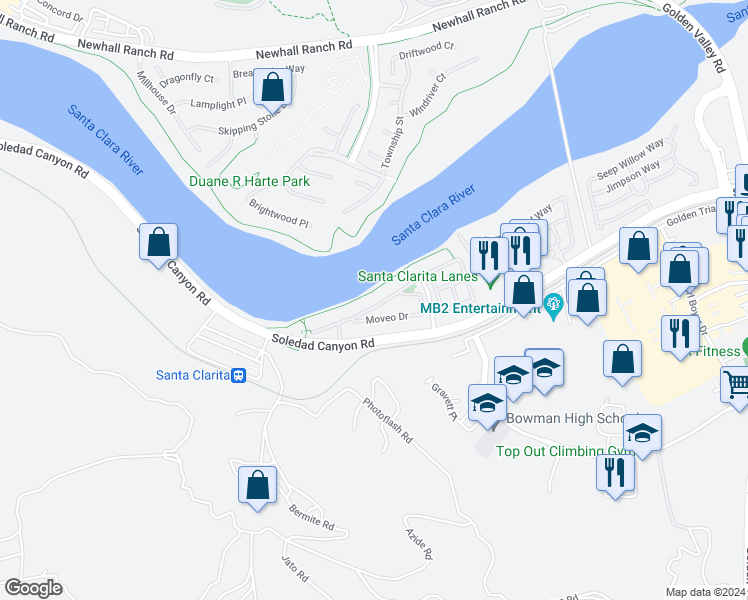 map of restaurants, bars, coffee shops, grocery stores, and more near 21925 Propello Drive in Santa Clarita