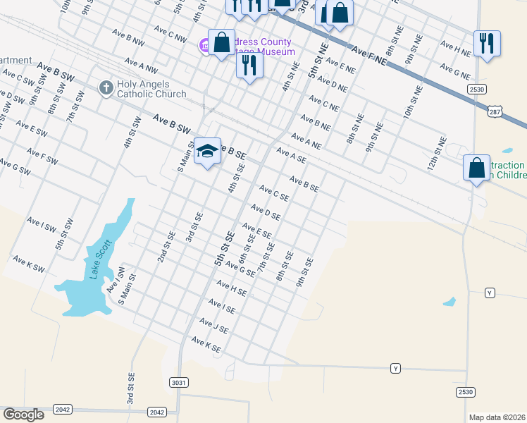 map of restaurants, bars, coffee shops, grocery stores, and more near 401 6th Street Southeast in Childress