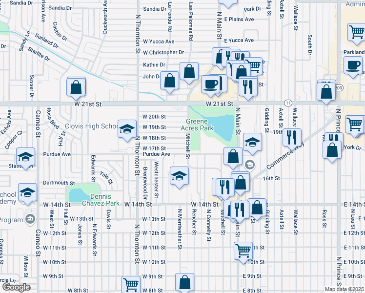 map of restaurants, bars, coffee shops, grocery stores, and more near 504 West 17th Street in Clovis