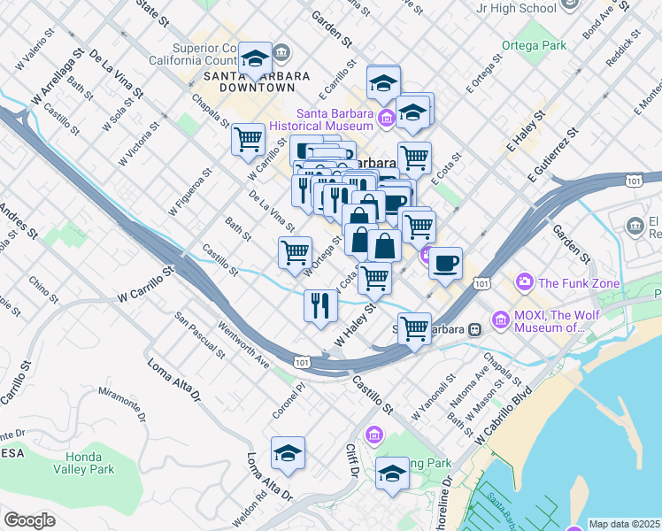 map of restaurants, bars, coffee shops, grocery stores, and more near 623 De La Vina Street in Santa Barbara