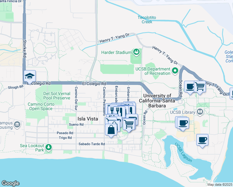 map of restaurants, bars, coffee shops, grocery stores, and more near 777 Embarcadero del Mar in Goleta