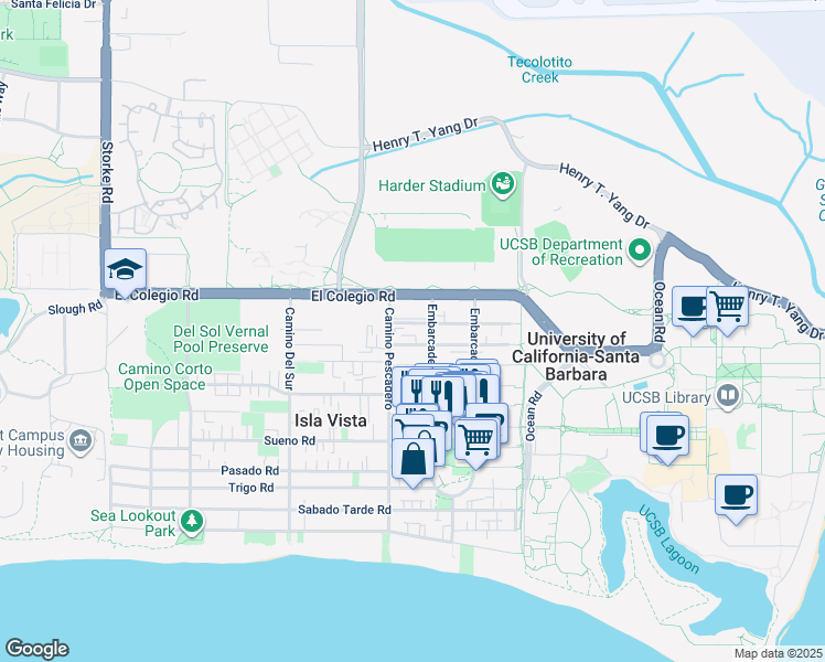 map of restaurants, bars, coffee shops, grocery stores, and more near 777 Embarcadero del Mar in Goleta