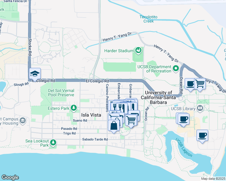 map of restaurants, bars, coffee shops, grocery stores, and more near 777 Embarcadero del Mar in Goleta